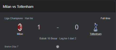 Hasil Pertandingan AC Milan vs Tottenham