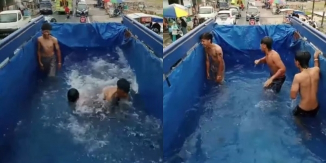 Para Pemuda Ini Asyik Berenang di Bak Truk